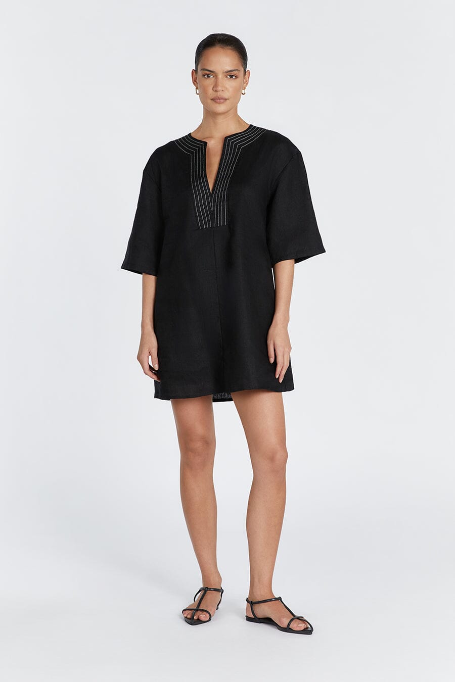 NALA BLACK LINEN MINI SMOCK DRESS Clothing DISSH Boutiques