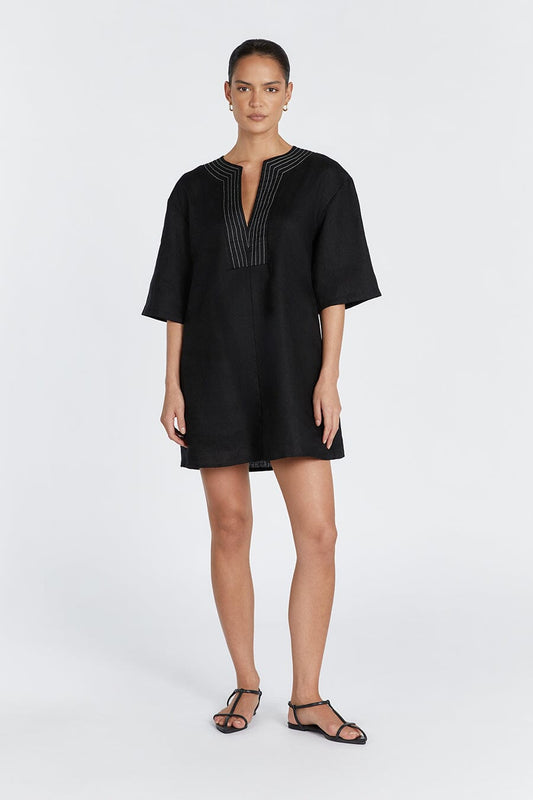 NALA BLACK LINEN MINI SMOCK DRESS Clothing DISSH Boutiques