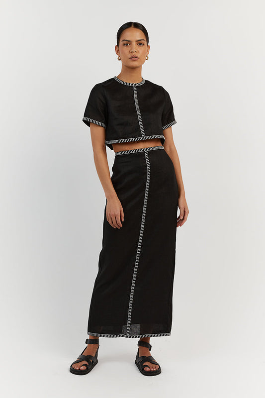 BELLA BLACK LINEN MIDI SKIRT Clothing DISSH Boutiques 12 BLACK