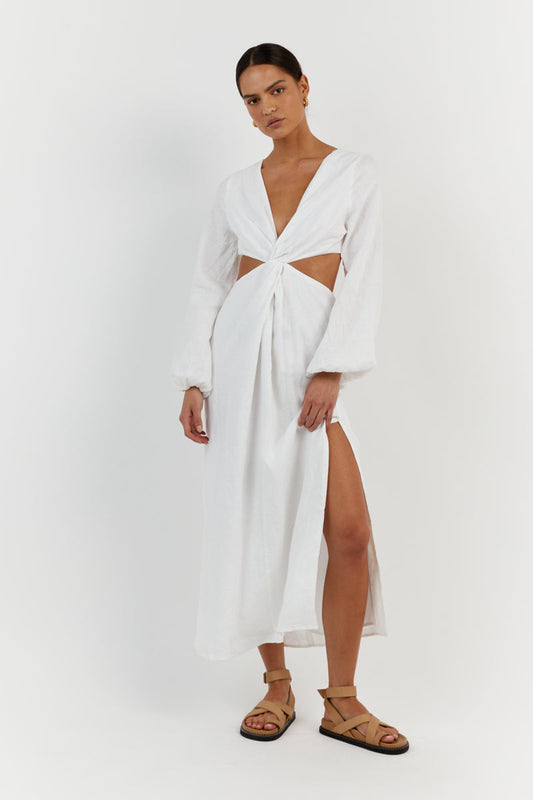 TINA WHITE LINEN MIDI DRESS Clothing DISSH Boutiques 14 WHITE