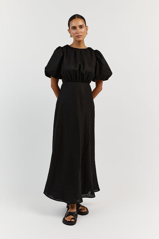 NAT BLACK LINEN GATHERED MIDI DRESS Clothing DISSH Boutiques 16 BLACK