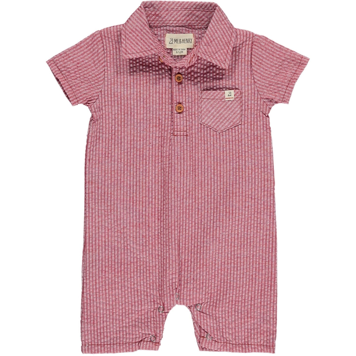 Me & Henry Sandy Coral Seersucker Polo Romper