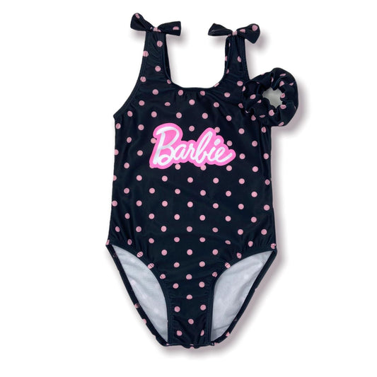 Mattel Barbie Black w/Pink Polka Dots Shoulder Bow Ties Girls' Bathing Suit w/Matching Hair Scrunchie