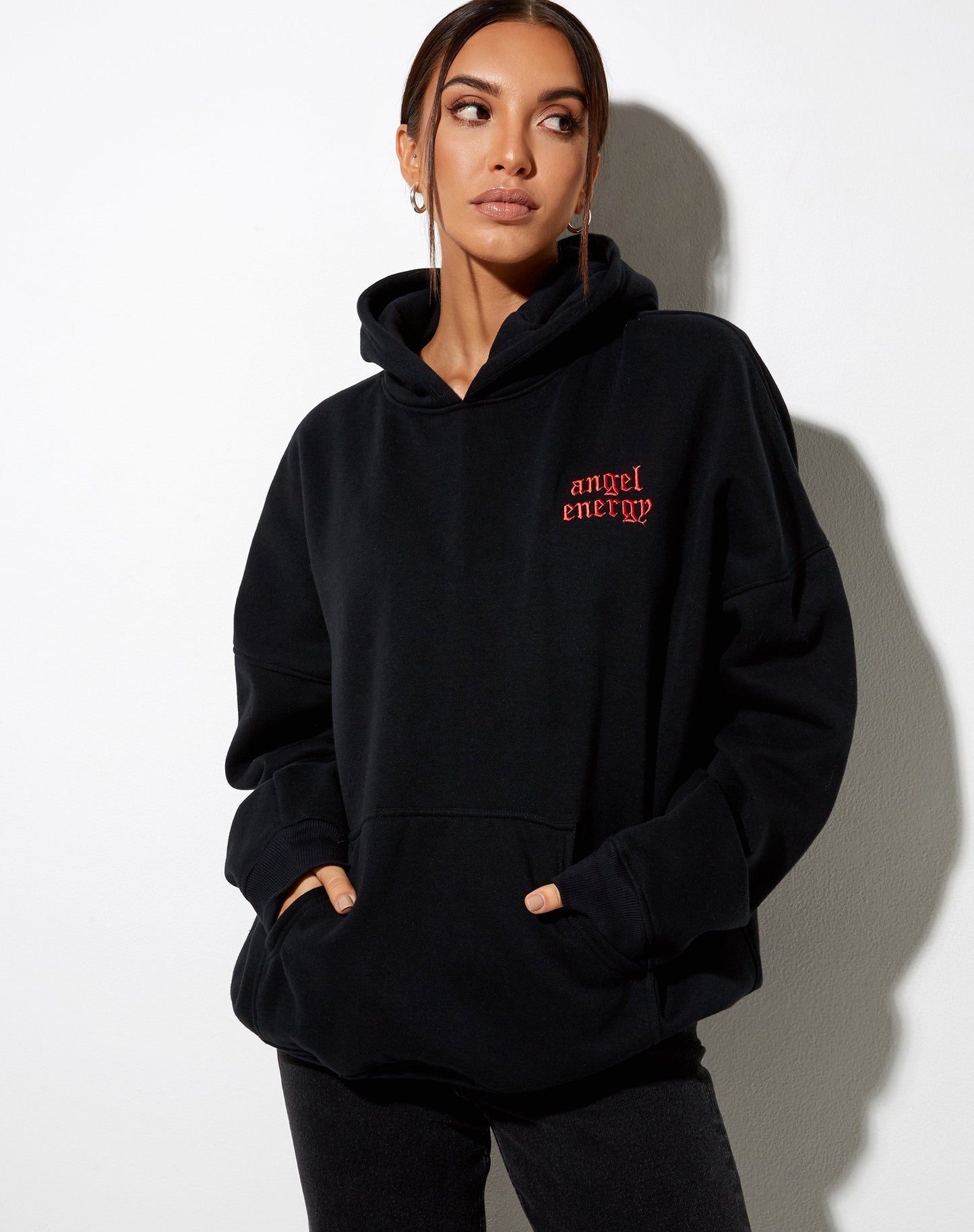 Oversize Hoodie in Black 'Angel Energy' Light Red Embro