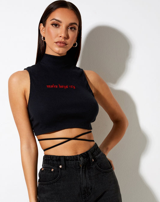 Quera Crop Top in Rib Black with 'Make Boys Cry' Embro