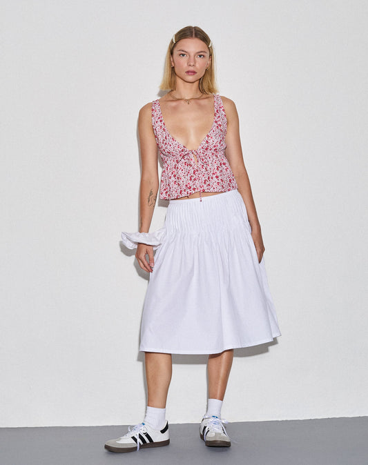 Asada Pleated Waist Midi Skirt in Poplin White