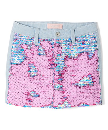 Squeeze Girls Cotton Candy Pastel & Pink Lisa Flip Sequin Jean Skirt