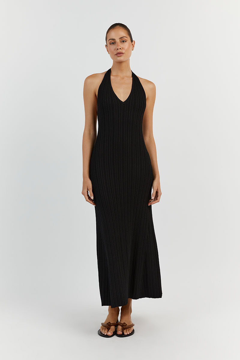 SIENNA BLACK PLUNGE HALTER MIDI Clothing DISSH Boutiques XS BLACK