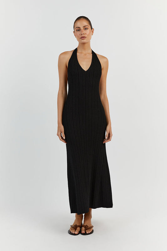 SIENNA BLACK PLUNGE HALTER MIDI Clothing DISSH Boutiques XS BLACK