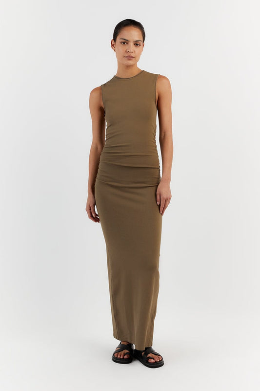 ROMY KHAKI SLEEVELESS MAXI DRESS Clothing DISSH Boutiques XS KHAKI