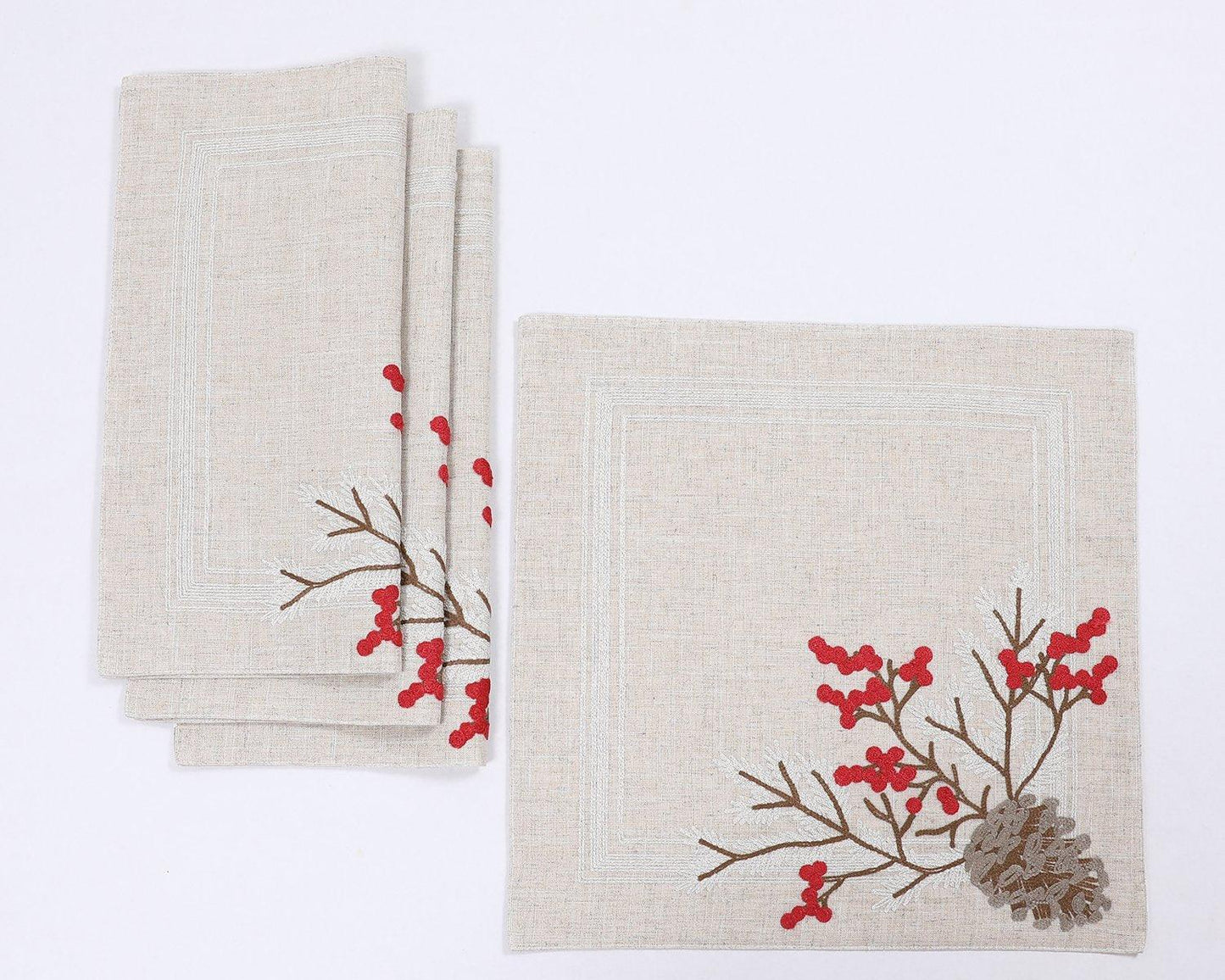 XD19811-Christmas Pine Cone Crewel Embroidered Placemats 16 by 16-Inch