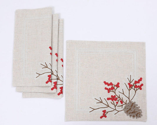 XD19811-Christmas Pine Cone Crewel Embroidered Placemats 16 by 16-Inch