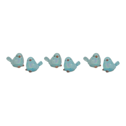 Blue Irredescent Ceramic Bird Figurine, Set of 6