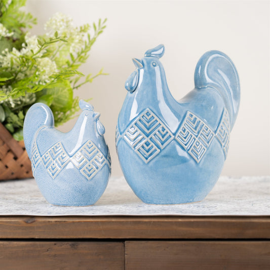 Ceramic Chicken Shelf Sitter with Geometric Design, Set of 2