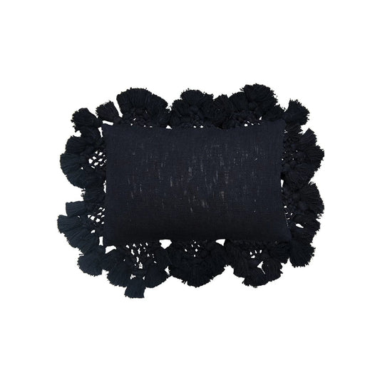 Cotton Slub Lumbar Pillow with Crochet & Tassels