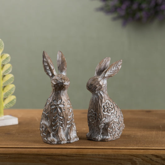 Floral Carved Rabbit Figurine, Set of 2