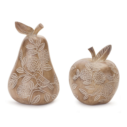 Floral Etched Pear and Apple Décor, Set of 2