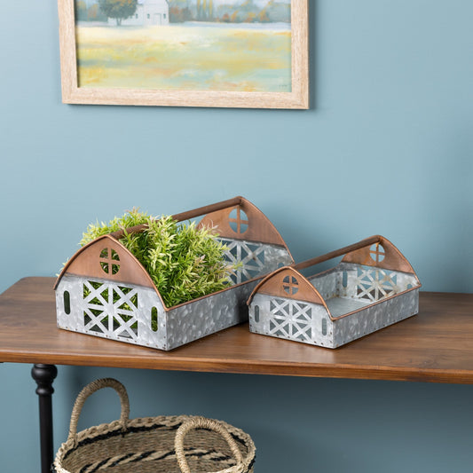 Galvanized Metal Barn Caddy Tray, Set of 2