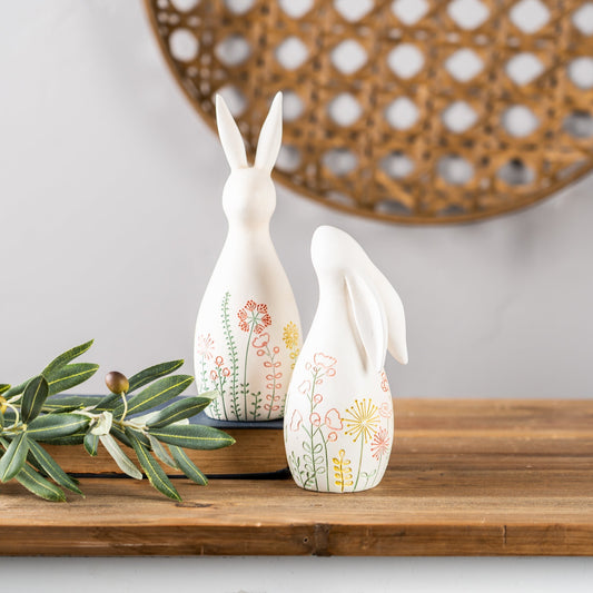 Modern Bunny Rabbit Figurine with Etched Floral Design, Set of 2