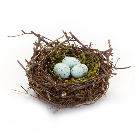 Natural Twig Bird Nest with Speckled Eggs, Set of 6