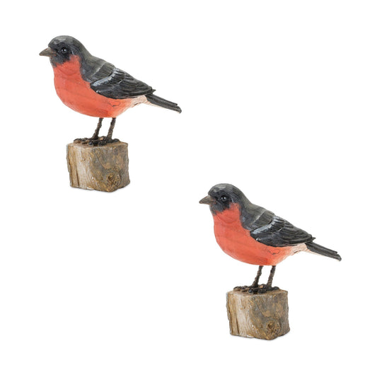 Rustic Stone Bird Figurine Perched on Stump (Set of 2) - Outdoor Decor