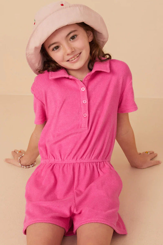 Button Detail Collared Terry Romper, Pink