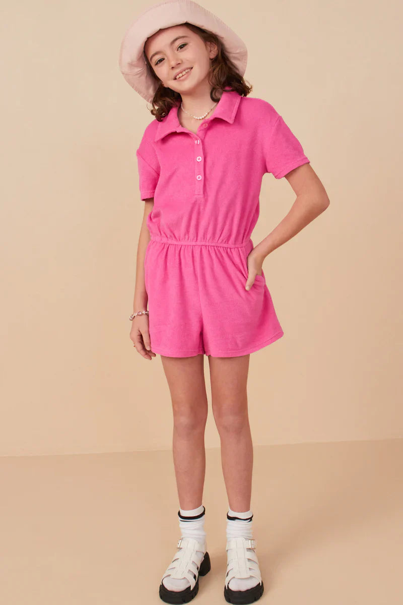Button Detail Collared Terry Romper, Pink
